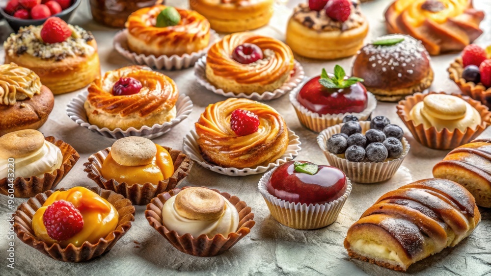 Assorted sweet pastries displayed on a light table Assorted sweet pastries displayed on a light table