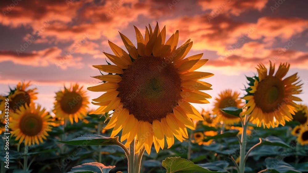 Obraz premium Sunflower in field at sunset