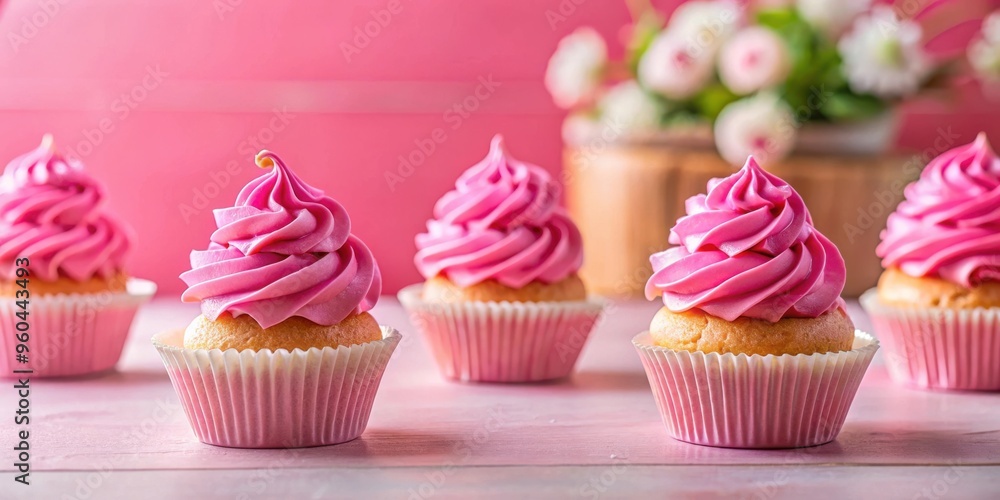 Delicious pink cupcakes showcased on a vibrant kitchen countertop Delicious pink cupcakes showcased on a vibrant kitchen countertop