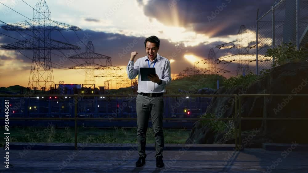 Full Body Of An Asian Male Professional Worker Standing With His Tablet Near High Voltage Tower, Industrial Facility, He Raises His Fist Up With Screaming Goal After Typed On The Tablet