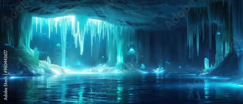 Enchanting Mystical Cave Illuminated by Glowing Crystals and Underground Lake, Digital Art Background in
