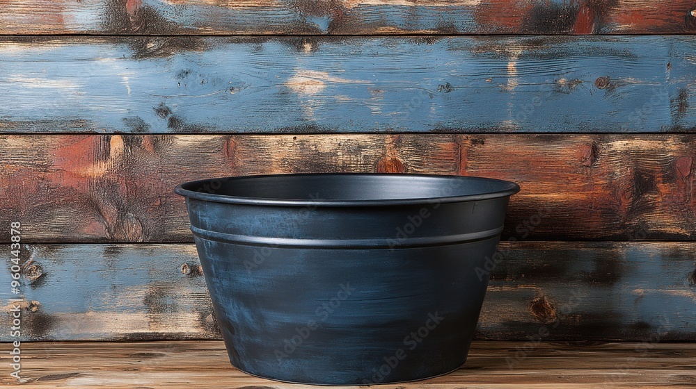 A black metal bucket rests on a wooden table in front of a colored wall A black metal bucket rests on a wooden table in front of a colored wall