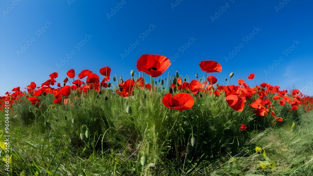 Obraz premium Wild red poppy flowers in bloom in grassy field