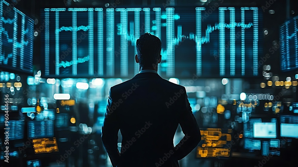 A businessman analyzes glowing data screens, immersed in the night. A businessman analyzes glowing data screens, immersed in the night.