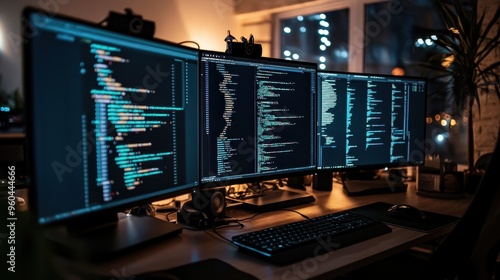 Wallpaper Mural Coding Workspace: Multiple Monitors Displaying Programming Code Torontodigital.ca