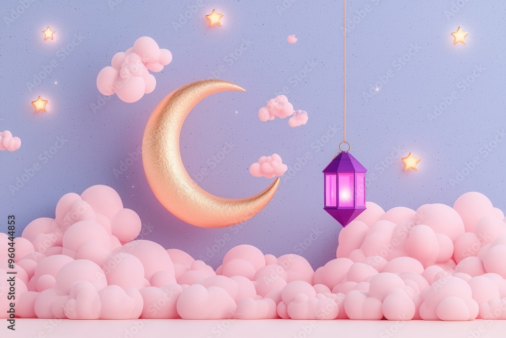 A whimsical scene featuring a golden crescent moon, fluffy pink clouds, and a purple lantern against a soothing blue background. A whimsical scene featuring a golden crescent moon, fluffy pink clouds, and a purple lantern against a soothing blue background.