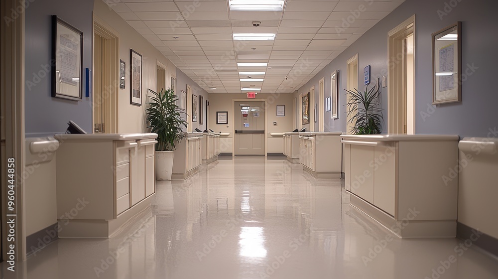 Fototapeta premium Busy Administrative Hallway in a Clinic with Blurred Desks and Filing Cabinets