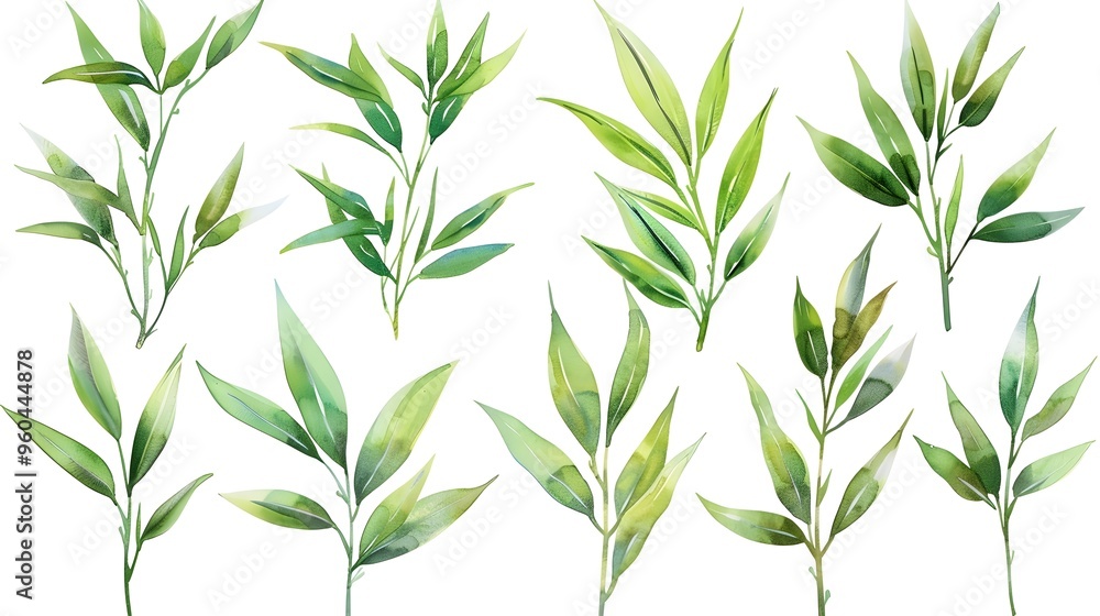 Fototapeta premium Watercolor Bamboo Leaves Set on White Background with Copy Space