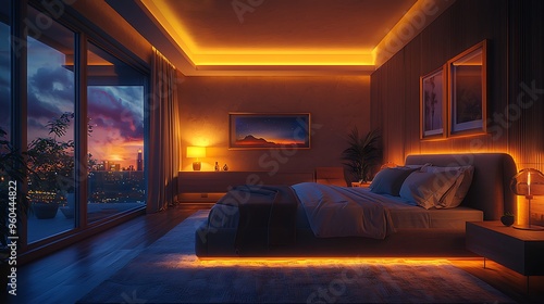 A modern bedroom with warm lighting and city views exudes a cozy ambiance.