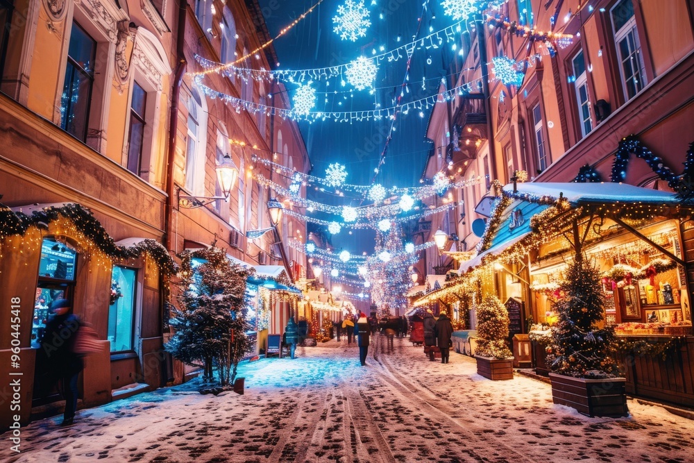A street is lit up with Christmas lights and decorations, generative ai image