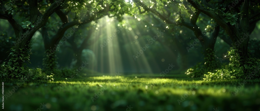 Enchanted Forest Glade: Ethereal Light among Ancient Trees - Digital Art Backdrop in Enchanted Forest Glade: Ethereal Light among Ancient Trees - Digital Art Backdrop in