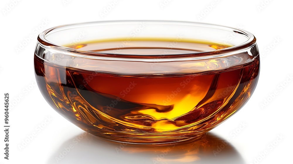 A glass filled with amber liquid gleams in golden-brown hues against a white background. A glass filled with amber liquid gleams in golden-brown hues against a white background.