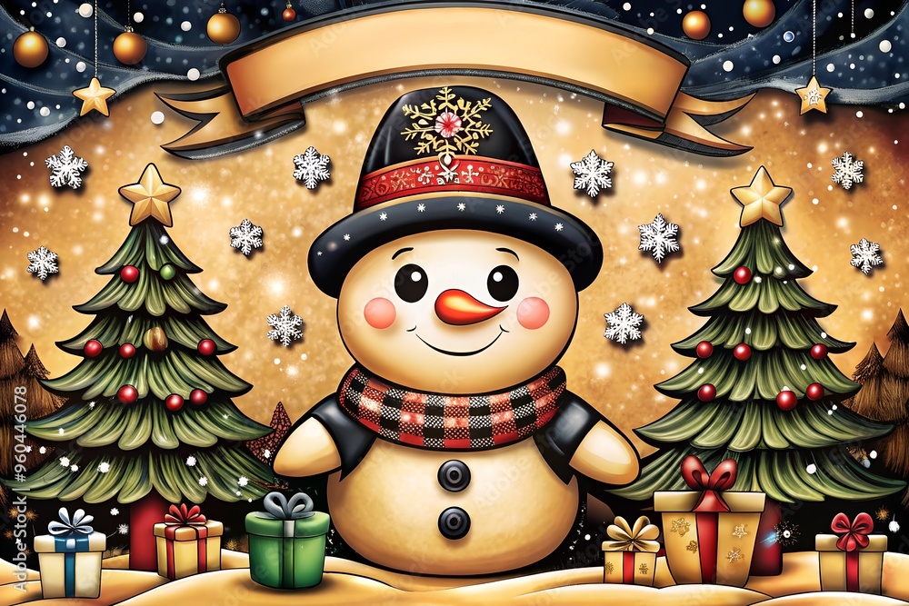 A joyful smiling snowman in the winter forest, congratulates you on the holiday. winter children's background for the holiday A joyful smiling snowman in the winter forest, congratulates you on the holiday. winter children's background for the holiday