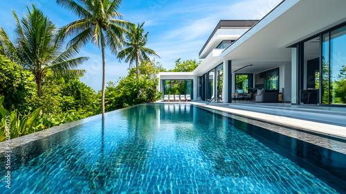 A luxurious modern villa surrounded by tropical greenery, with palm trees swaying in the background. The villa's sleek architecture features large windows, and the focus is on a spacious pool with