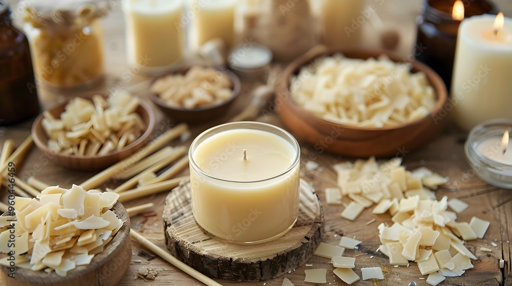Handcrafted Candle Making Supplies Arranged on Rustic Craft Table Handcrafted Candle Making Supplies Arranged on Rustic Craft Table