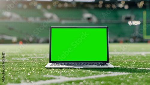 portable laptop with chroma key green screen mockup on green grass of stadium, betting and bookmakers online background, streaming and broadcasting of sport events photo