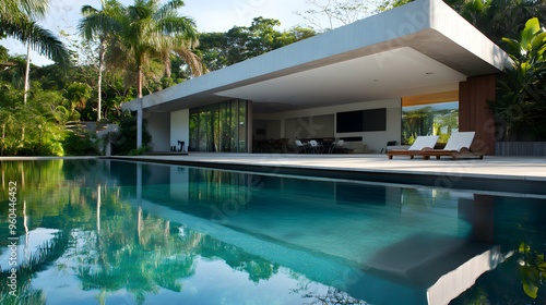 Wallpaper Mural A modern villa with clean architectural lines in a tropical setting. The pool in front of the villa is filled with transparent blue water, with reflections of the villa and surrounding palm trees Torontodigital.ca