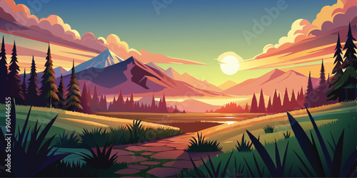 wonderful epic nature landscape of a sun rising at the horizon with a grass field in front vector art illustration