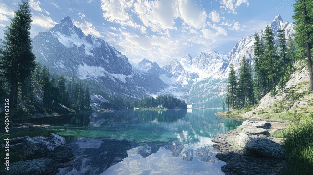 A stunning view of a glacier-fed lake surrounded by towering mountains and pine trees. A stunning view of a glacier-fed lake surrounded by towering mountains and pine trees.