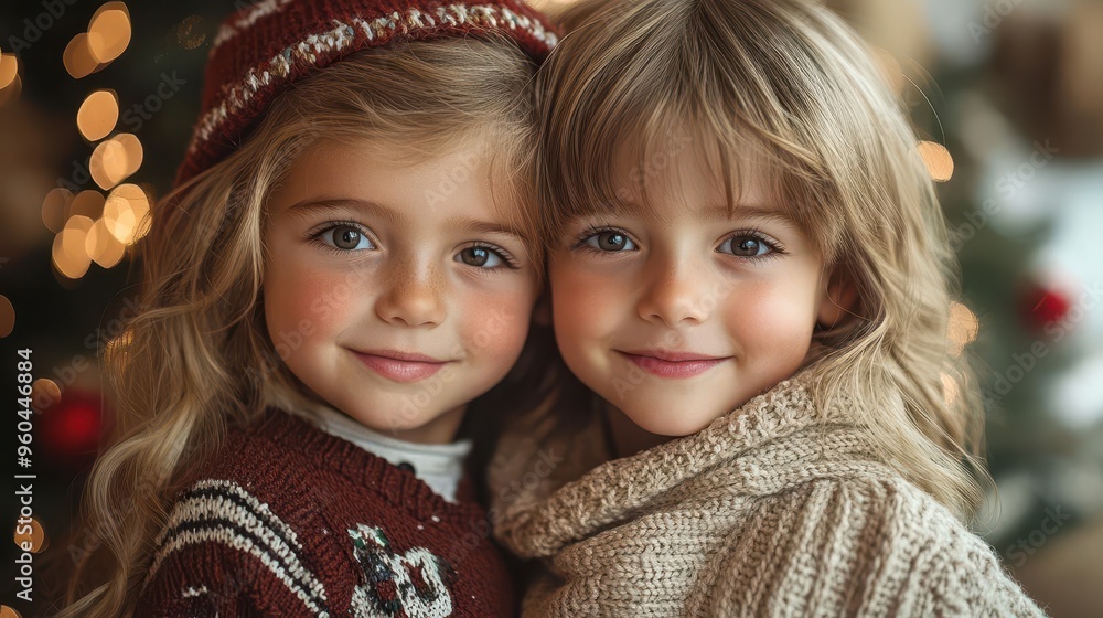 joyful children posing for holiday photo twinkling christmas tree backdrop warm ambient lighting candid family moment joyful children posing for holiday photo twinkling christmas tree backdrop warm ambient lighting candid family moment