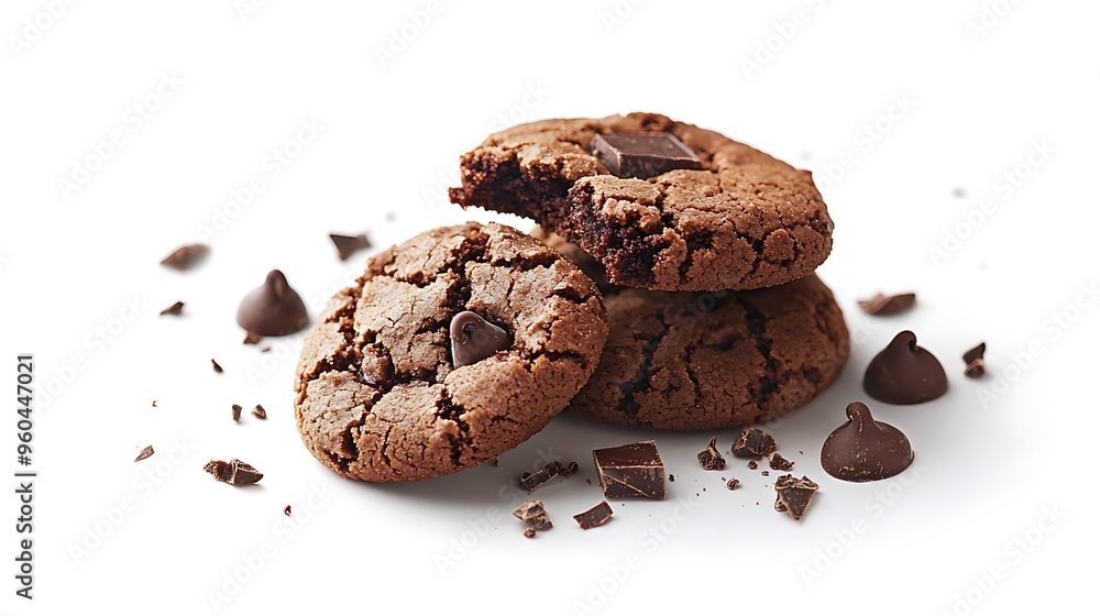 A close-up of chocolate chip cookies with rich chocolate pieces against a white background. A close-up of chocolate chip cookies with rich chocolate pieces against a white background.