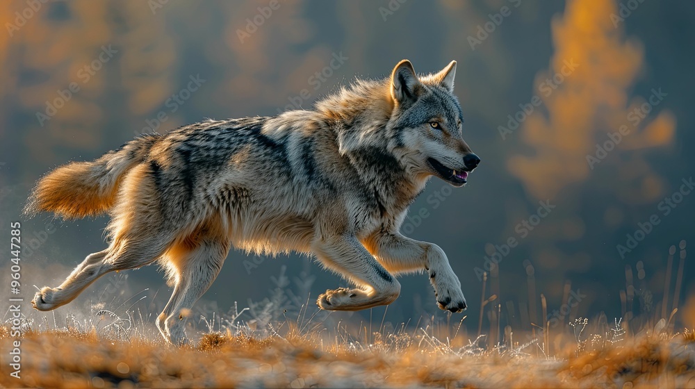 Obraz premium A Wolf Running Through Autumnal Foliage