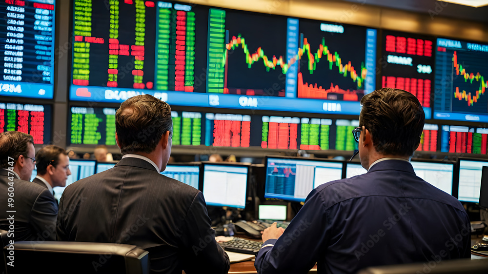 Rear view of business people sitting at table and looking at monitor with stock market data Rear view of business people sitting at table and looking at monitor with stock market data
