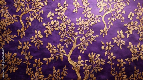 Songket fabric with interwoven tree of life designs in gold threads on a purple background, creative, High quality, sharp images,graphic,illustration photo