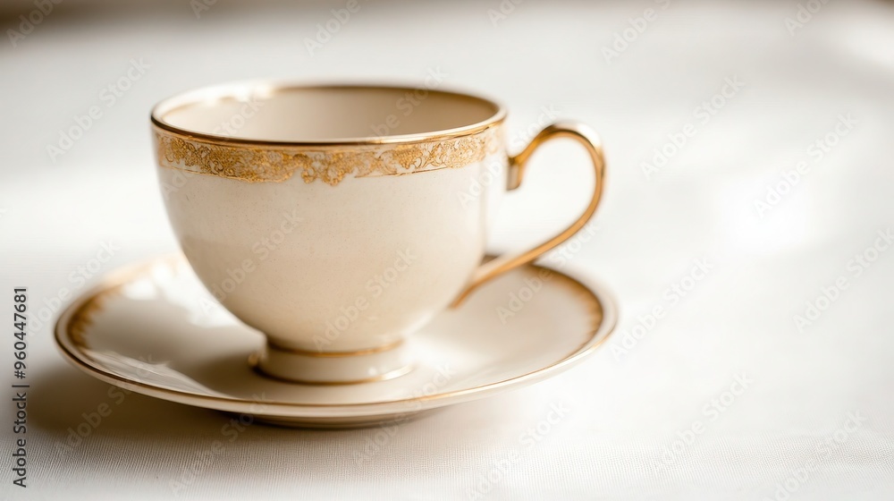 Fototapeta premium Vintage Porcelain Teacup Sitting on Saucer with Floral Design - Medium Shot, White Background