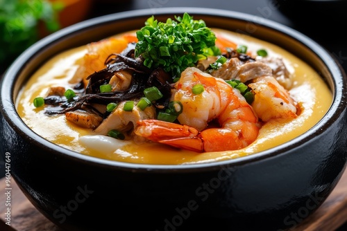 Japanese food, chawanmushi, savory egg custard steamed and filled with ingredients like shrimp, chicken, and mushrooms photo