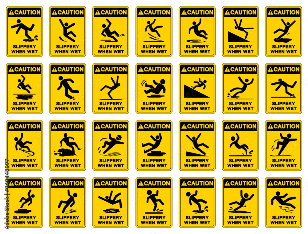 Caution Slippery When Wet Set Symbol Sign,Vector Illustration, Isolate ...