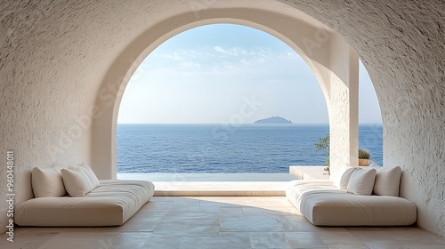 An archway frames a Mediterranean sea view, complemented by white couches.