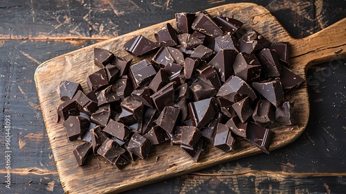 Dark chocolate chunks on a wooden board photo