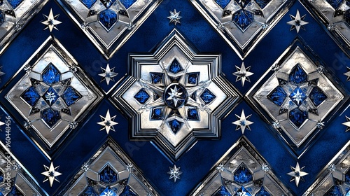 Elegant Songket pattern with diamond shapes and star motifs in silver and royal blue, creative, High quality, sharp images,graphic,illustration photo