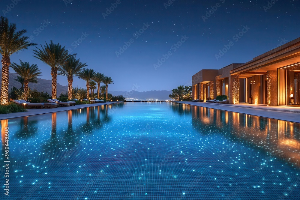 luxurious desert oasis hotel blending modern architecture with traditional middle eastern elements shimmering pool reflects starry night sky