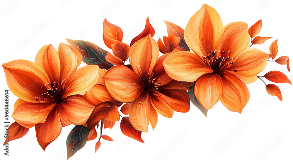 Obraz premium Vibrant orange lilies with detailed petals and dark centers in watercolor style, elegant floral arrangement, isolated PNG on transparent background, autumn tones, high-contrast, nature art.