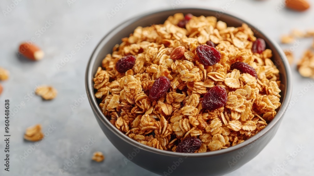 Granola with Cranberries and Almonds in Bowl Granola with Cranberries and Almonds in Bowl