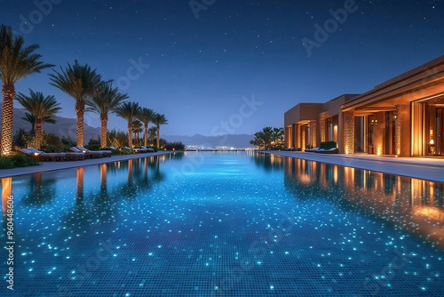 Obraz na płótnie luxurious desert oasis hotel blending modern architecture with traditional middle eastern elements shimmering pool reflects starry night sky w salonie