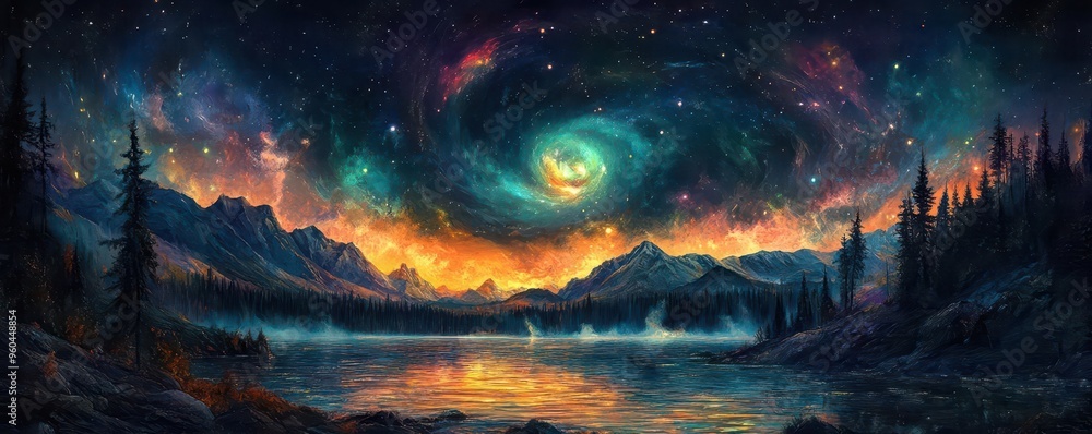 A high-angle view of a vibrant fantasy world illuminated by ethereal auroras A high-angle view of a vibrant fantasy world illuminated by ethereal auroras