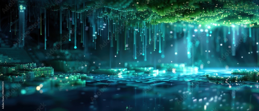 Naklejka premium Enchanting Mystical Cave with Glowing Stalactites and Underground River - Digital Art Background in