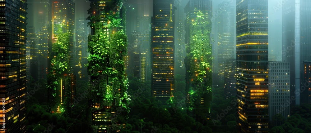 Fototapeta premium Futuristic Cityscape with Advanced Technology and Green Spaces in Digital Art Background - Photo