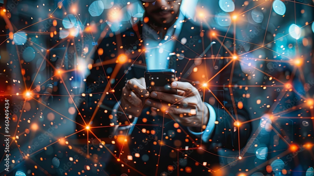 Person Holding Smartphone with Glowing Network Lines Person Holding Smartphone with Glowing Network Lines
