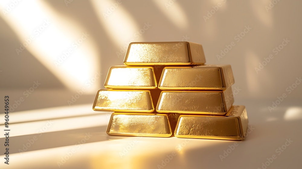 Stacks of gold bars gleam brilliantly in the sunlight. Stacks of gold bars gleam brilliantly in the sunlight.