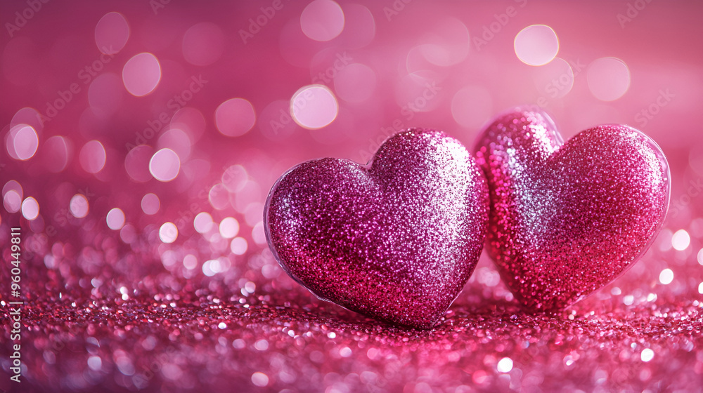 Fototapeta premium Two sparkling glitter hearts against blurred pink background , Close up of pink glitter hearts on sparkling background , Two Hearts On Shiny Background 