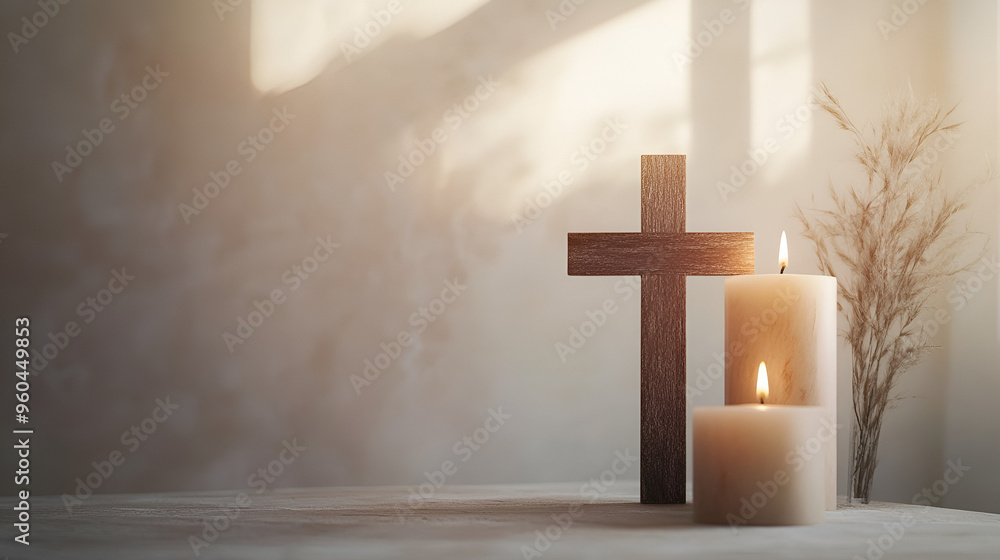 Naklejka premium un fondo elegante de una mesa y un pared lisa con decoracion de una cruz de madera y dos cirios o velas encendidos y plantas para decorar fondo religioso esperanza y fe en una capilla