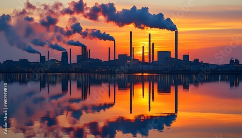 Dramatic sunset over industrial skyline with smokestacks, reflecting on water, capturing a pollution-filled atmosphere