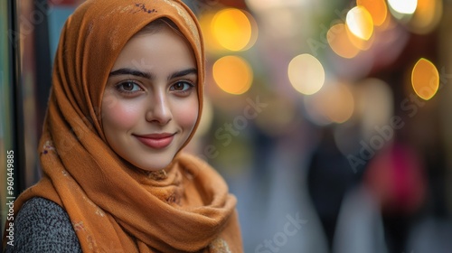 Warm evening portrait of a woman in hijab with blurred light background