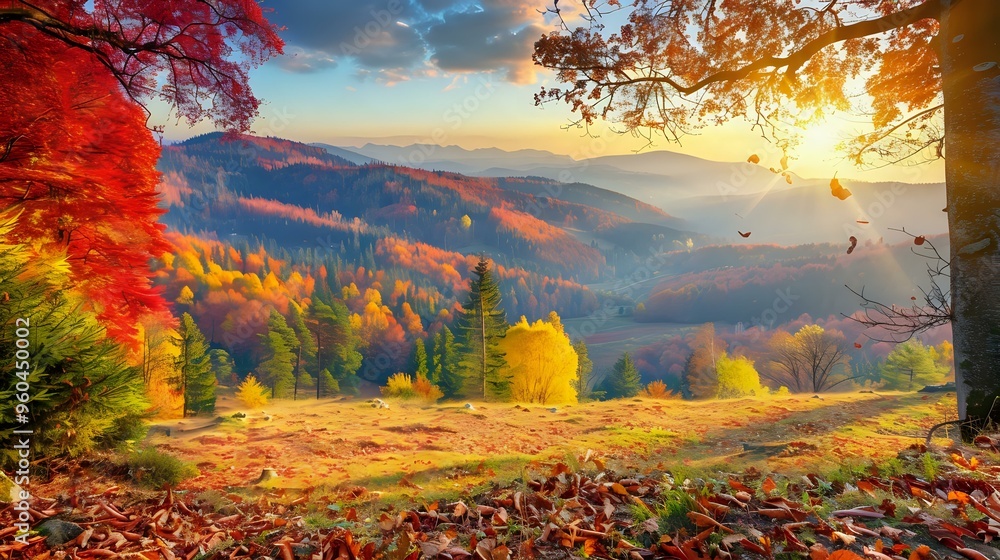 Fototapeta premium A scenic autumn landscape with vibrant foliage and a serene sunset.