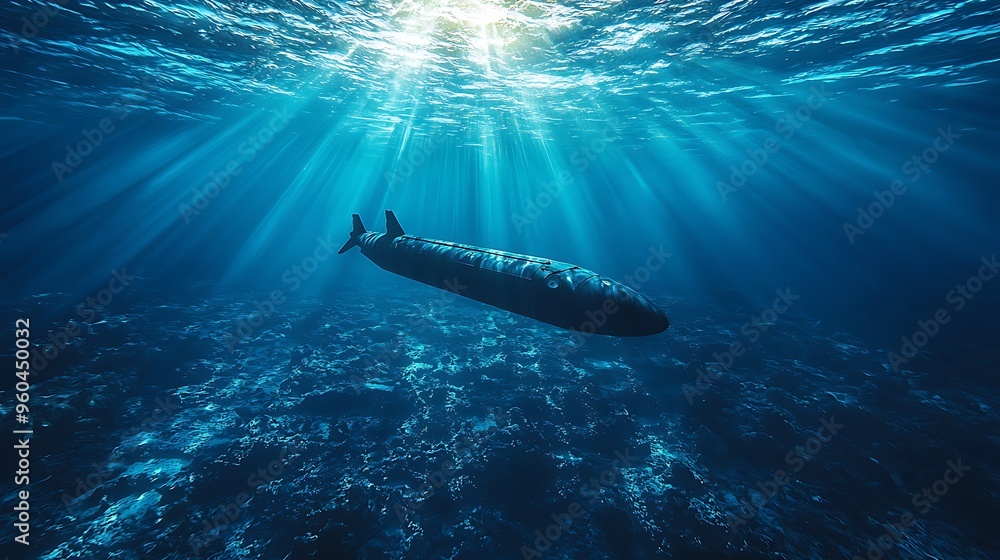 Fototapeta premium A submarine dives underwater, exploring beneath sunbeams filtering through the sea.