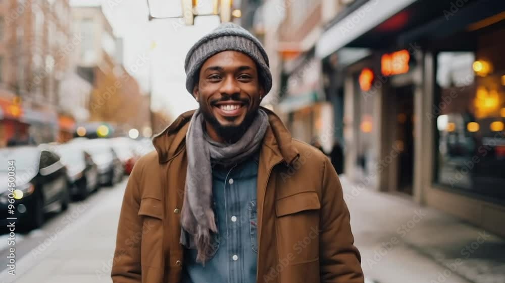 Black man walking street smiling wearing muffler Black man walking street smiling wearing muffler